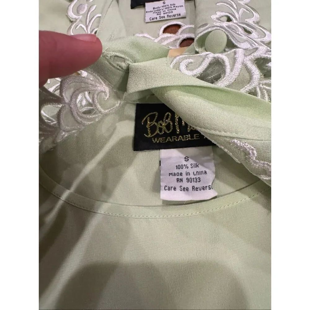 Bob Mackie Wearable Art 100% Silk Embroidered Blouse Top Sage Green Button Front - Picture 3 of 5